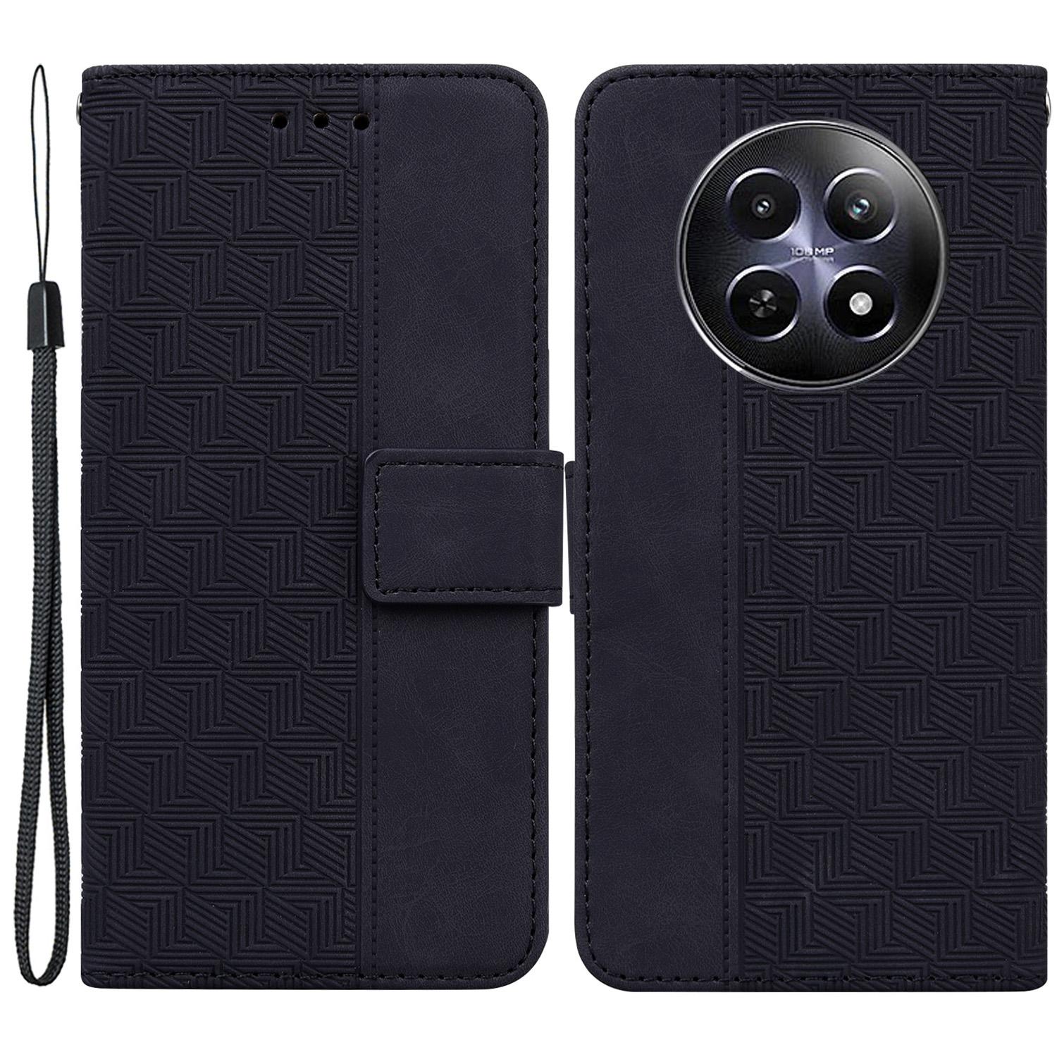

For Realme 12 5G/12x 5G Leather Phone Case Geometry Imprinted Flip Stand Cover Black
