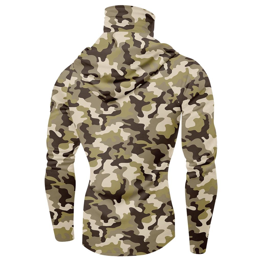 Men's Long Sleeve Hoodie with Built-In Face Covering Lightweight Camouflage Print Pullover for Outdoor Activities