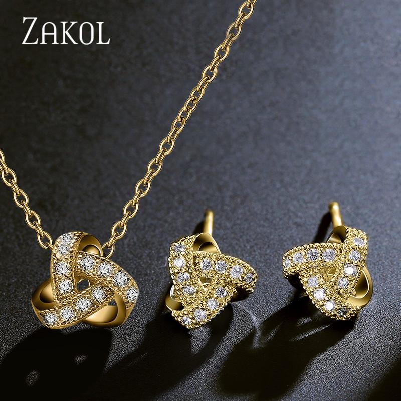 ZAKOL 3 Colors Fashion Bow Cubic Zirconia Necklace Earring Set for Women Girl Bridal Wedding Jewelry Sets Dress