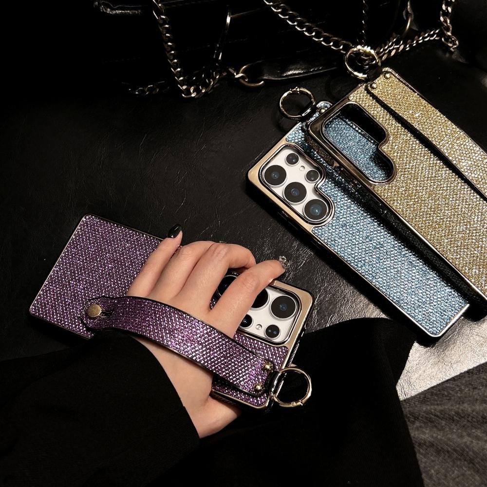 Plating Bling Glitter Wrist Strap Holder Case For Samsung S25 Ultra S24 FE S23 S22 Plus Soft Silicone Bumper Protection Cover