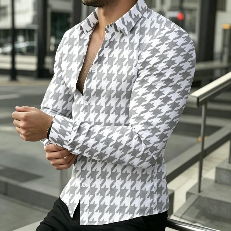 Men's Long Sleeved Shirt, Men's Retro Houndstooth Shirt, Black and White Contrasting Printed Fashionable Casual Men's Top