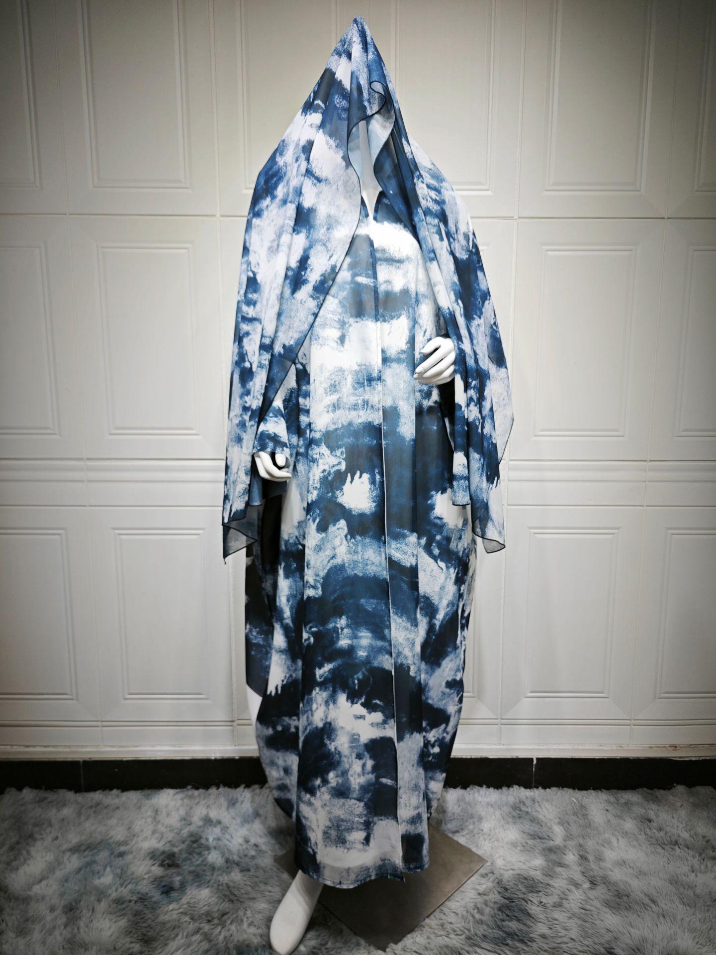 

MQ228 Modest Chiffon Print Cardigan with Hijab - Middle Eastern Muslim Women s Fashion One Size море синього кольору