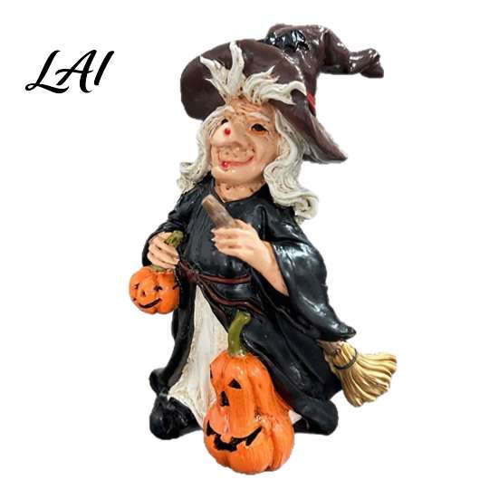 Halloween Witch Pumpkin Figurine Resin Figurine Vintage Hand-Painted Ornament Spooky Tabletop Entrance Table Accents Decor for Desk Shelf