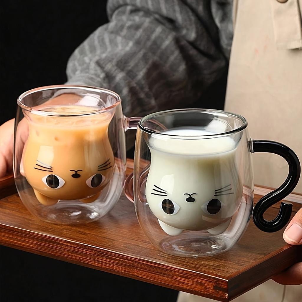 Cute Cat Double-layer Coffee Glass Mug Transparent Animal Milk Glass Home Office Drinkware Birthday Couple Festival Teacup Gift