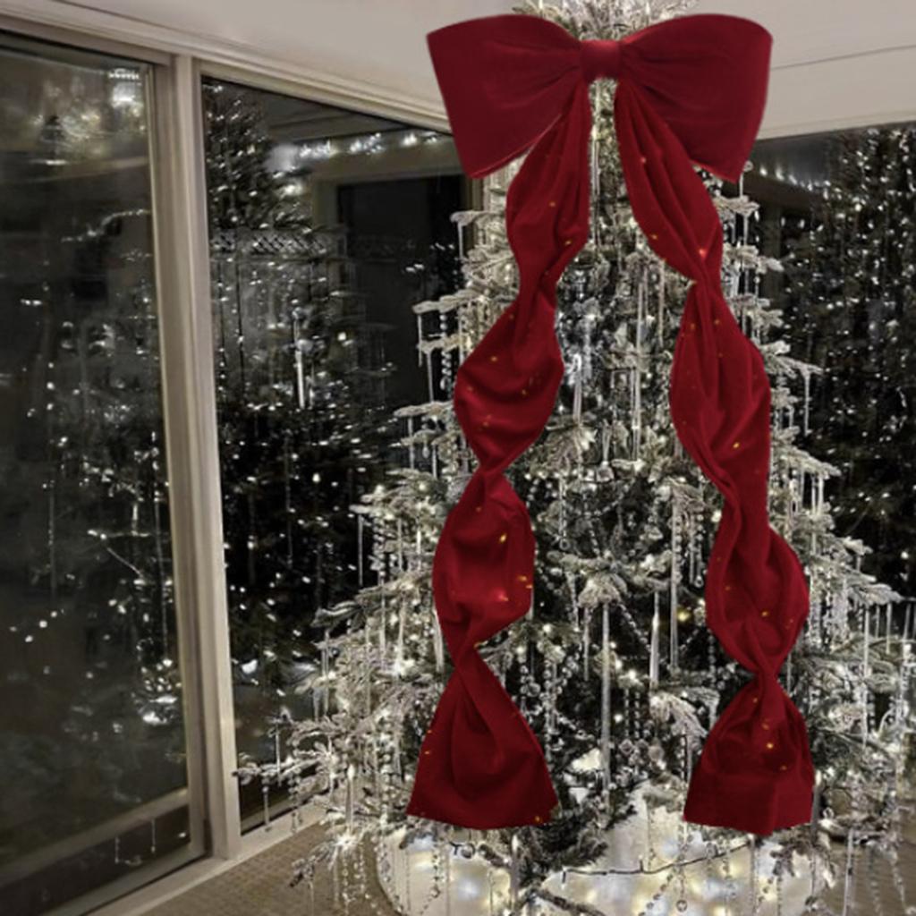 Large Size Red Velvet Christmas Bow Long Ribbon Tree Topper Decoration for Xmas Home Indoor Outdoor Door Decor
