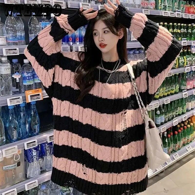 Punk Style Irregular Ripped Sweater Women's Striped Knit Pullover Loose Long-sleeve Crew Neck Top Twist Pullover Coat Korean Fashion