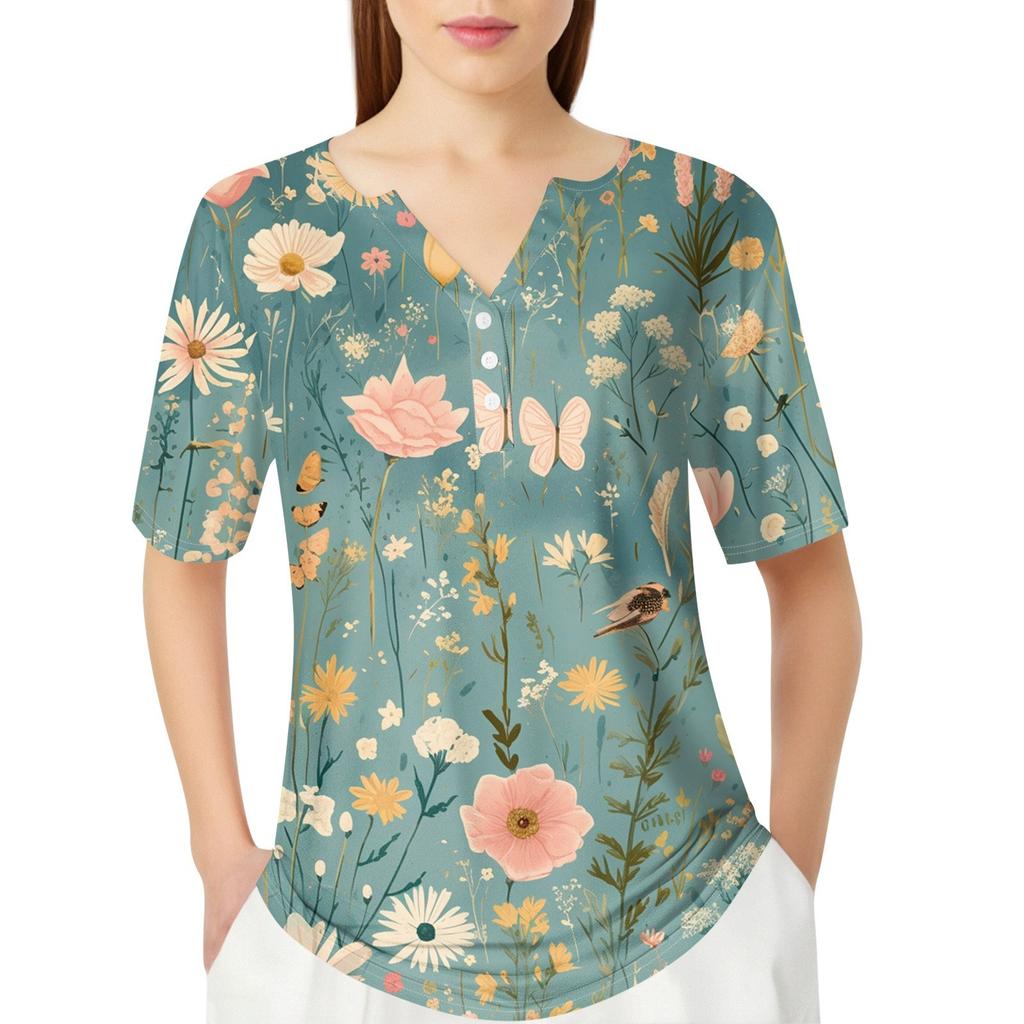 Women's T Shirt Print Button Short Sleeve Daily Weekend Fashion Basic V-Neck Regular Top