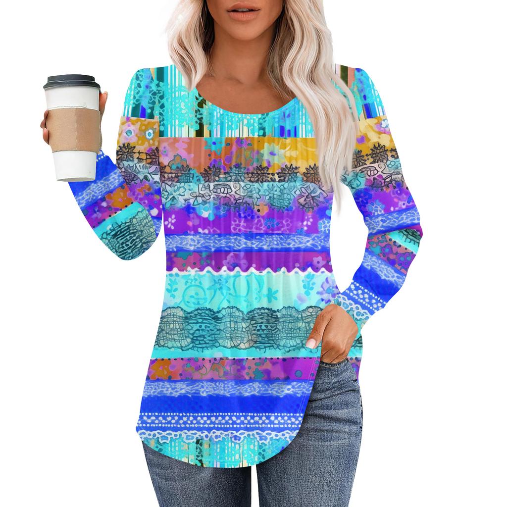 Damenmode Lässig Plissiert Rundhals Vintage Blumendruck Langarm T-Shirt Top