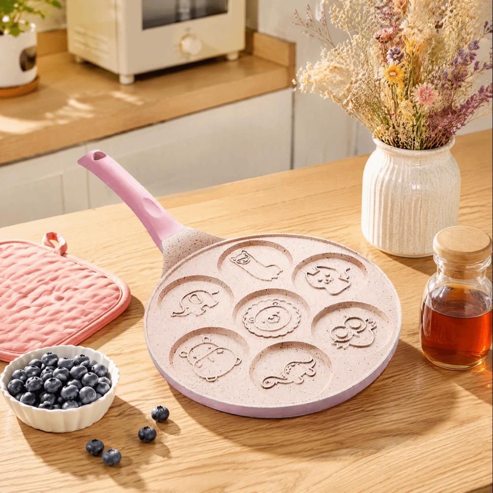 Aluminum Alloy Silicone Mini Pancake Maker 7-Hole Design Non-Stick Egg Frying Pan Heat Resistant Handle Animal Patterns