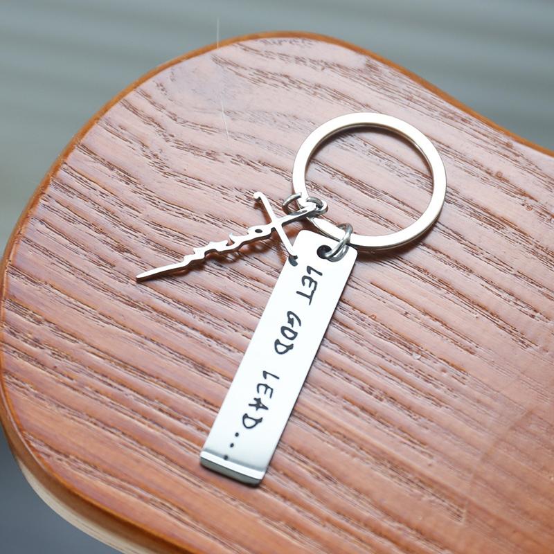 Let God Lead···Faith Cross Stainless Steel Keychain, Christian Religious Key Chain Ring Purse Bag Backpack Charm Daily Gift