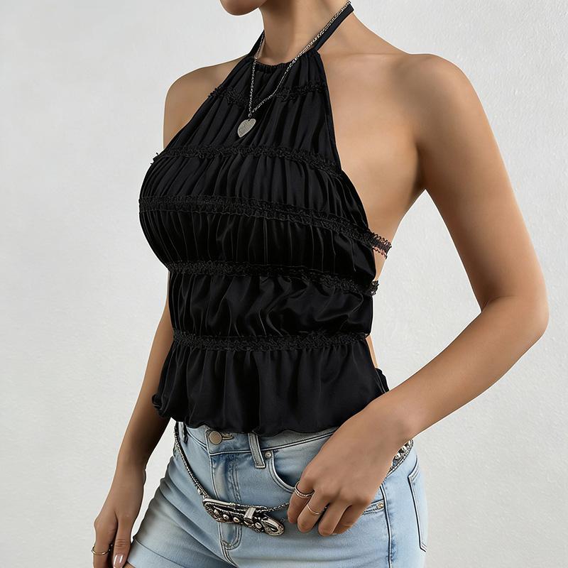 Women Halter Cami Top – Ruched Peplum Crop Top , Sleeveless Summer Y2K Going Out Top