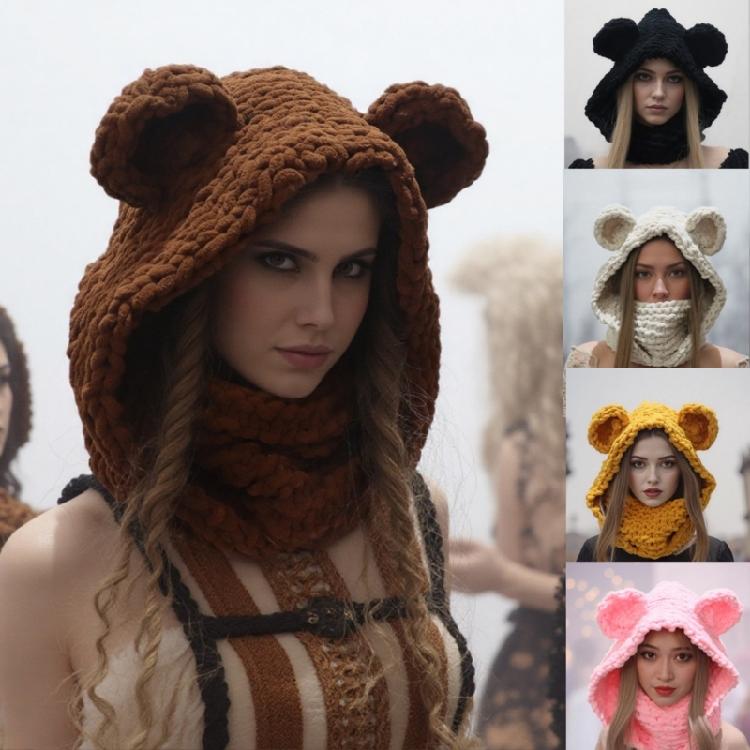 Thicken Neck Warmer Hat Crochet Bear Ear Balaclava Scarf Hat for Cold Weather Winter Sport Gear For Outdoor Enthusiasts