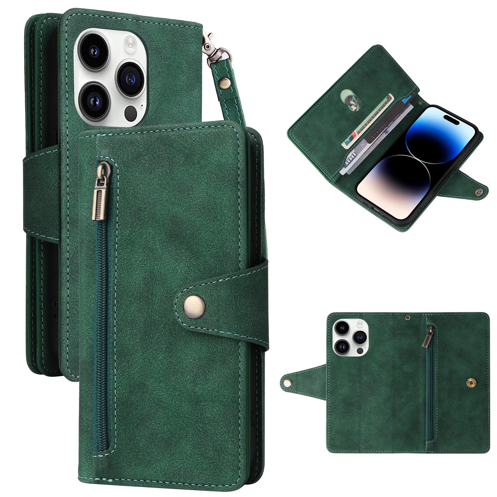 

Кожаный чехол-кошелек на молнии с держателем для нескольких карт для Samsung S24 S23 S22 S21 S20 Ultra Plus A05 A14 A54 iPhone 15 14 Plus 13 12 11 Pro Max XSMax Samsung A51 5G зелёный
