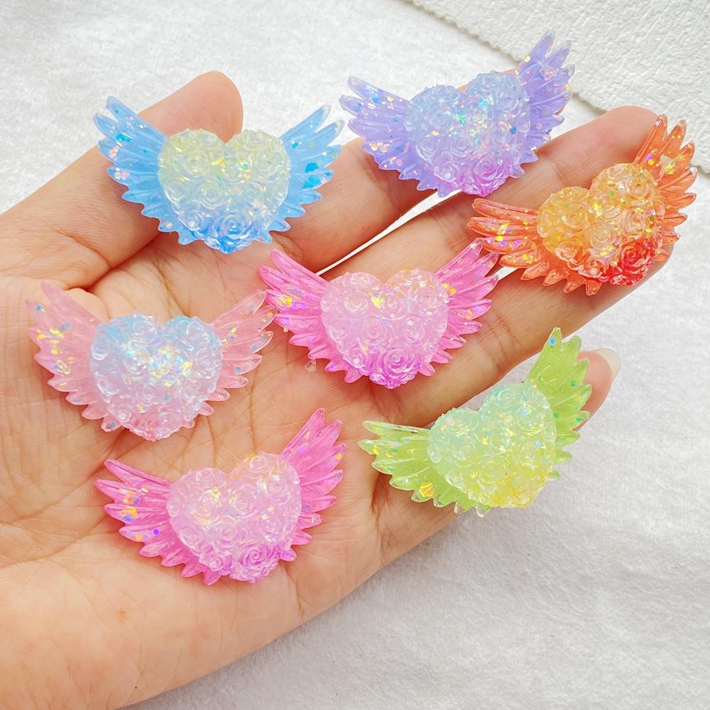 

6Pcs Cute Resin Sparkling Colored Rose With Heart-shaped Wings Flat back Scrapbooking DIY Jewelry Craft Decoration Accessories