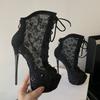 Fashion 17cm Ultra High Heels Sexy Peep Toe Lace-up Women Ankle Boots Fashion Sequined Air Mesh Platform Wedges Party Prom Boots Shoes