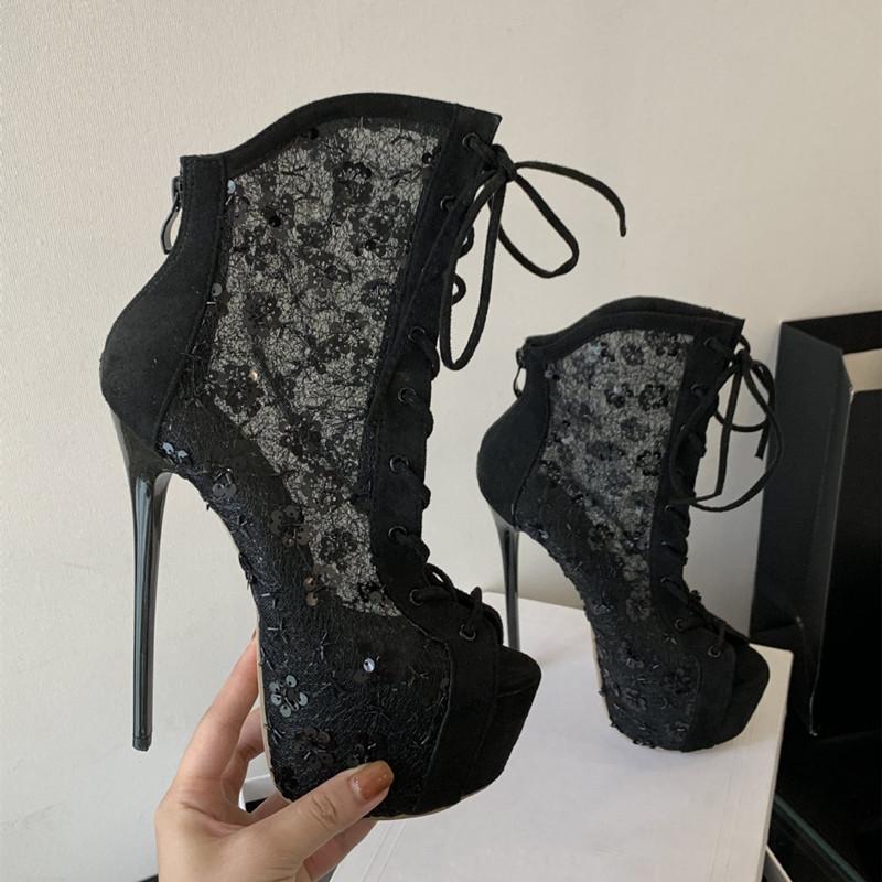 Fashion 17cm Ultra High Heels Sexy Peep Toe Lace-up Women Ankle Boots Fashion Sequined Air Mesh Platform Wedges Party Prom Boots Shoes
