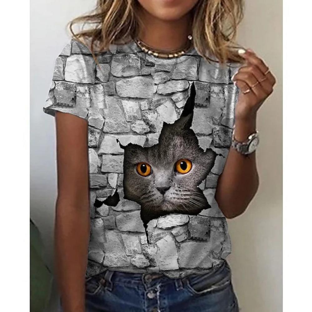 Summer fashion versatile cat animal 3D printed women's round neck short sleeved T-shirt