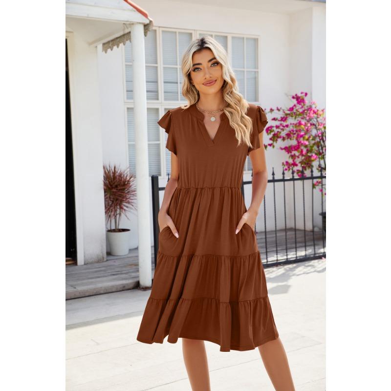 YYFS Damenmode Sommer Frühling Einfarbig Druck Kurzarm V-Ausschnitt Lose Taille Freizeitkleider