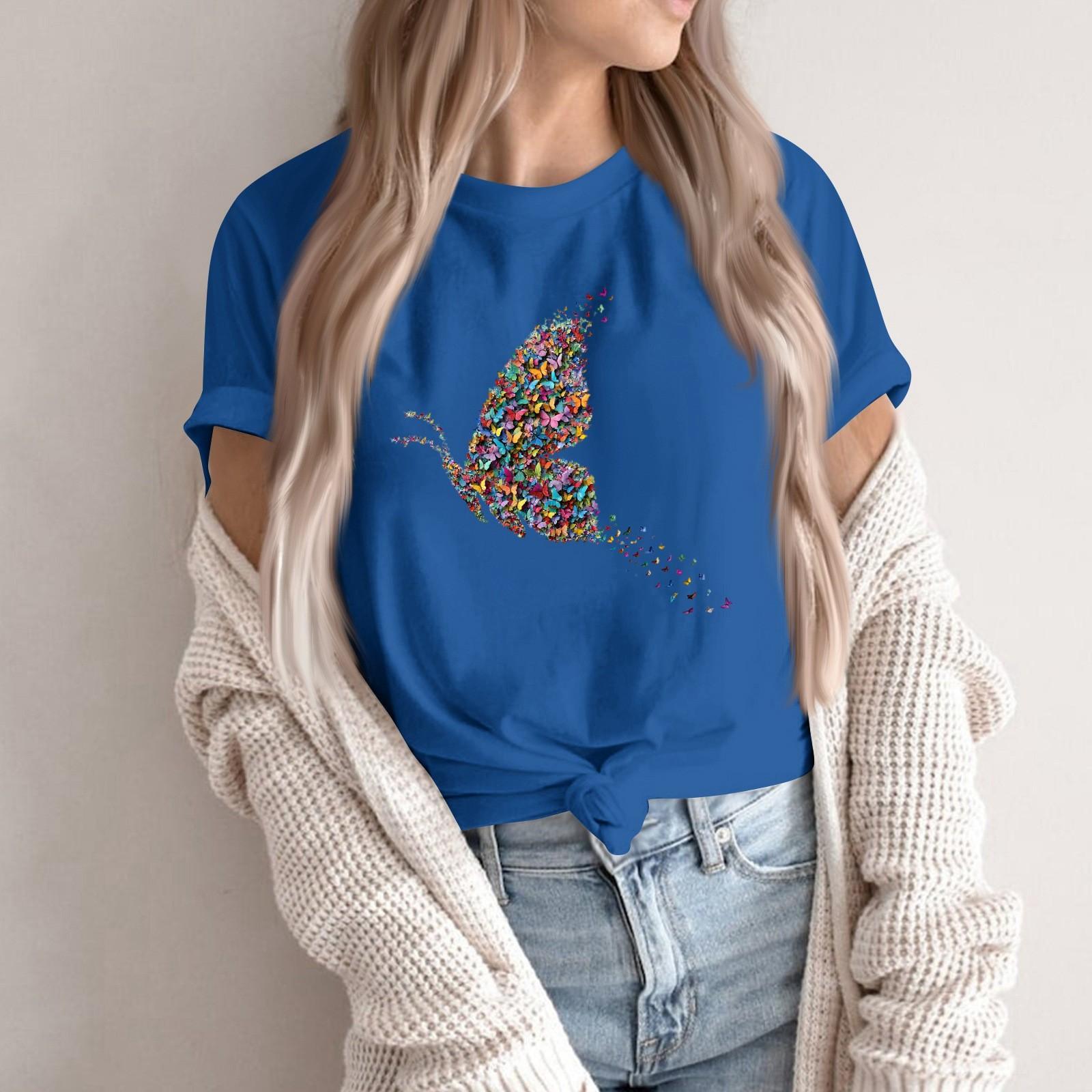 

Women s Fashion Casual Printed Round Neck Short Sleeved Pullover T-Shirt Top M синий