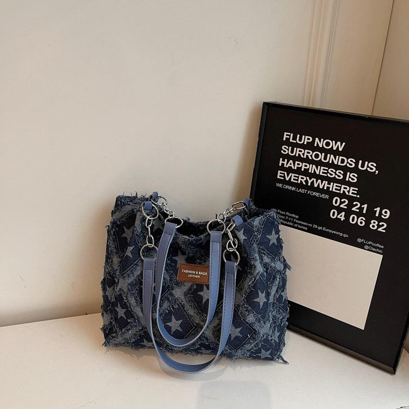 Borsa Tote in Denim a Quadri con Frange Vintage per Donna Grande Capacità Design a Stella Borsa a Spalla Borsa a Mano Casual