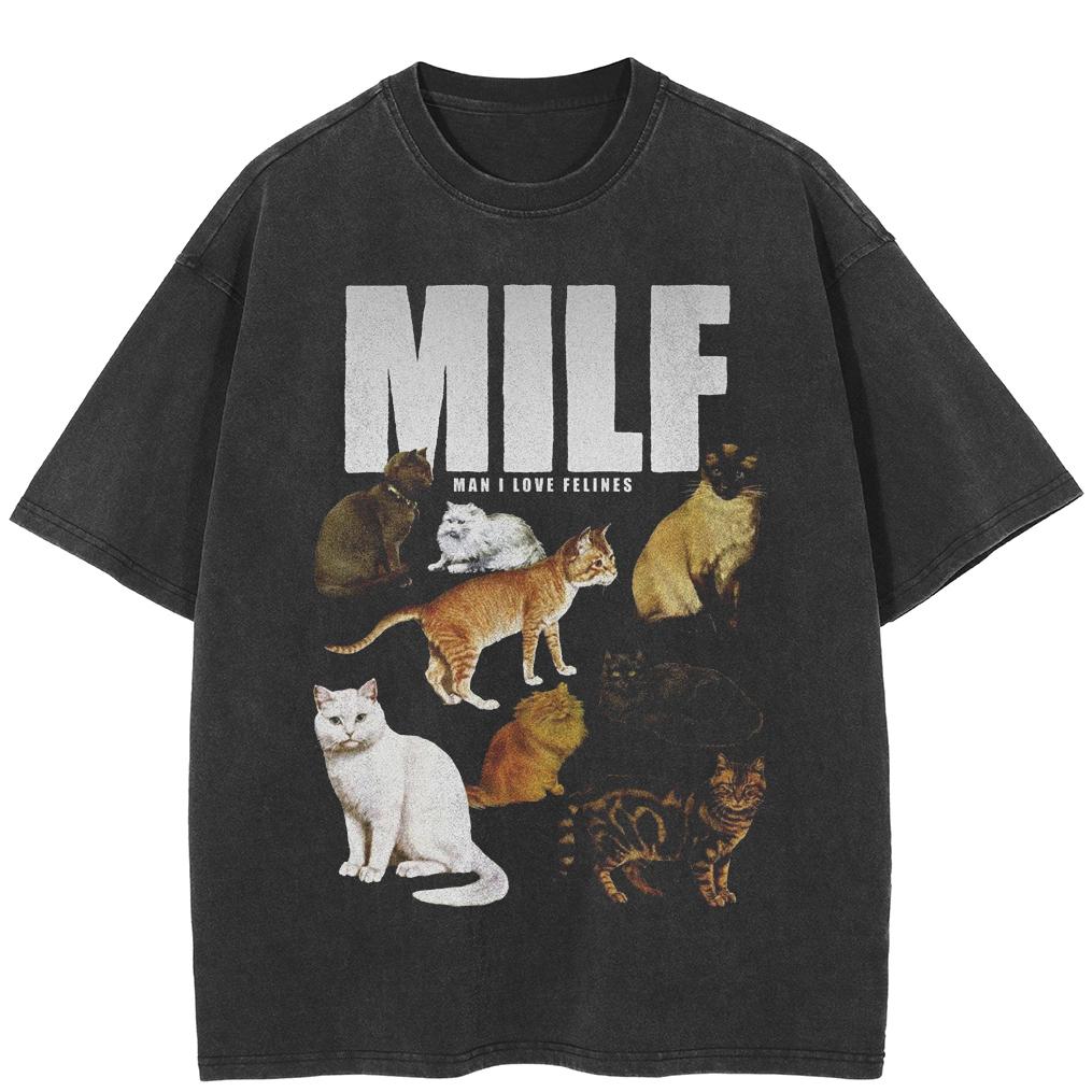 2026 Unisex Washed Black T-Shirt Streetwear QUARTER 24 Cats Graphic A37T033