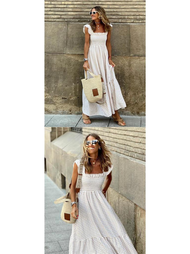 European American Women's Retro Plaid Sleeveless Maxi Dress with Thin Straps & Ruffles