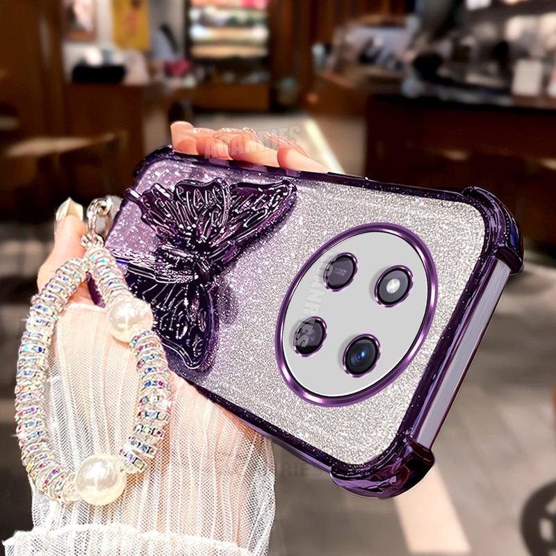 Magic7lite Lanyard Plating Butterfly Holder Silicone Case For Honor Magic 7 6 5 Magic7 Lite Pro X9c Shockproof Stand Back Cover