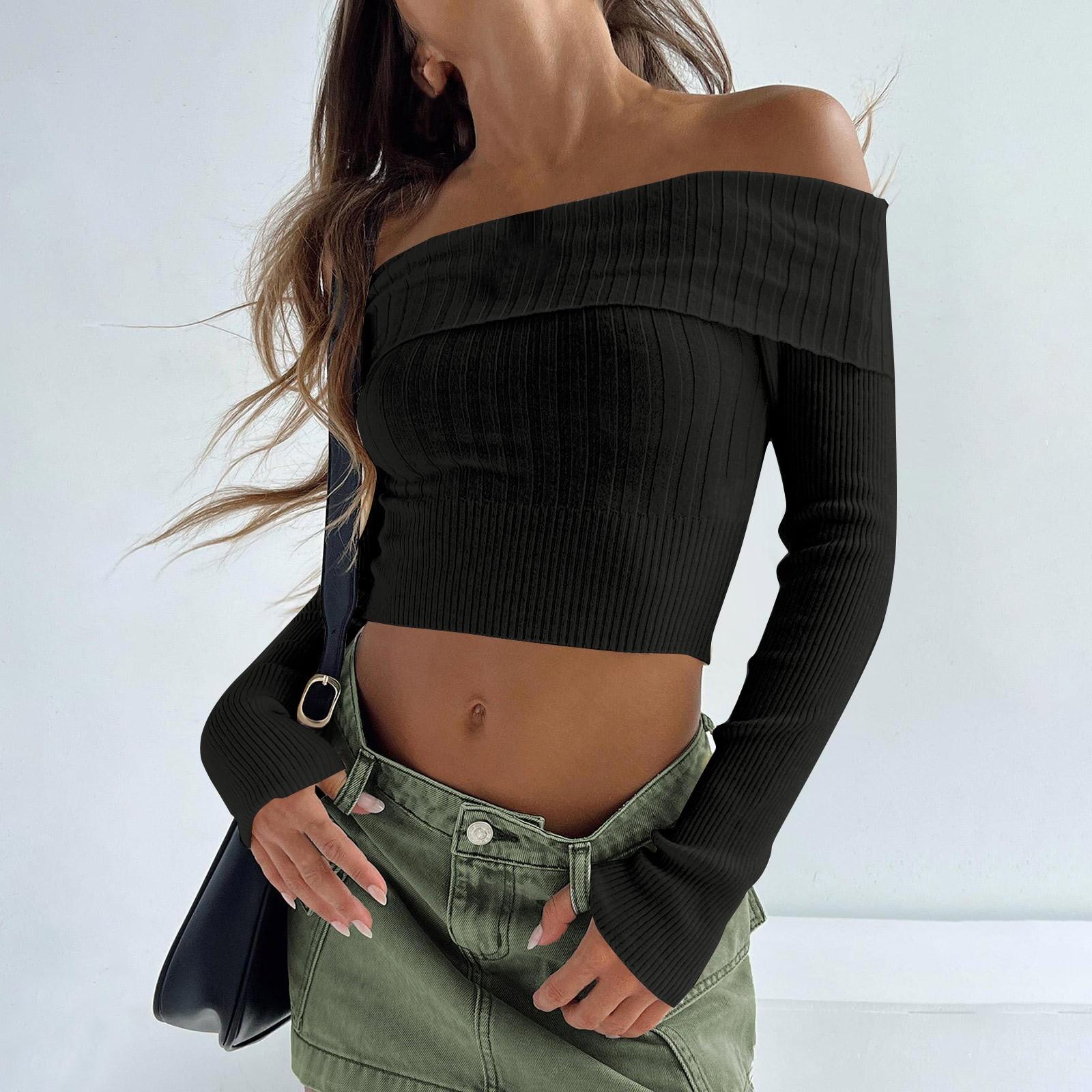 

Женская мода, повседневный однотонный сексуальный плиссированный тонкий топ с прямыми плечами, новый сексуальный вязаный свитер с одним вырезом и длинными рукавами M чёрный