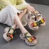 Retro Flower Peep Toe Platform Sandals Breathable Genuine Leather Versatile Women's Shoes