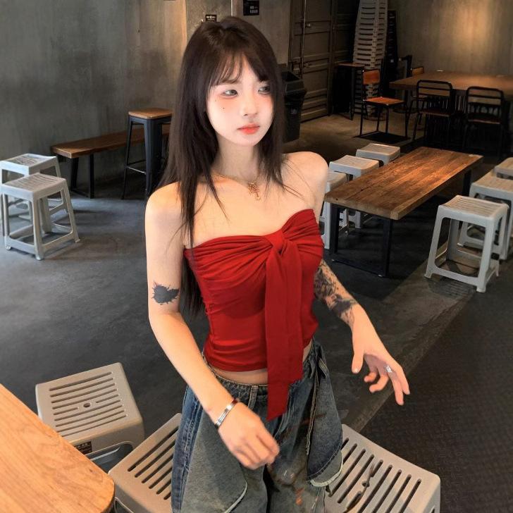 Summer ins pure desire sexy bow lace-up tube top women's summer slim-fitting slim-looking bottoming chest-wrapped top