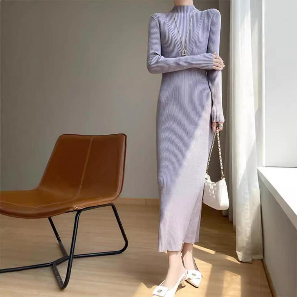 New Autumn/Winter Slimming Knit Dress for Women - Half-High Neck, Figure-Flattering, Long Length Bodycon Skirt
