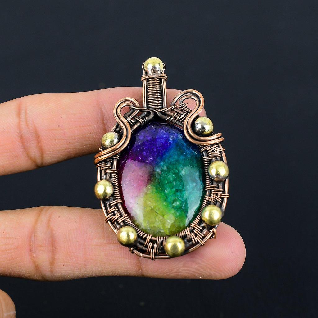 Rainbow Solar Quartz Gemstone Pure Copper Wire Wrapped Handmade Pendant Jewelry