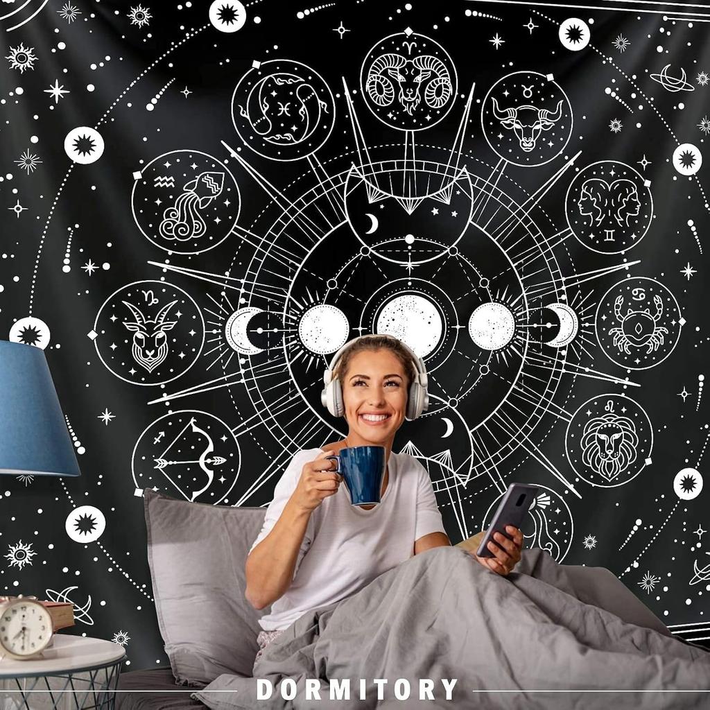 Zodiac Astrology Tapestry - Black and White Constellation Wall Hanging for Teen Girl's Bedroom, Living Room, Dorm (51x59 inches)