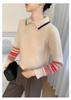 Women's Autumn/Winter Color Block Cashmere Knit Sweater with Contrast Lapel - Fashionable, Loose, and Thickened Design