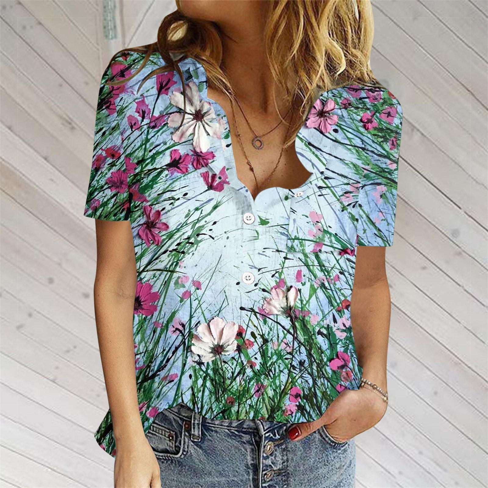 

Летняя футболка с коротким рукавом для женщин, повседневная рубашка на пуговицах с v-образным вырезом, свободный крой, удобные хлопковые льняные блузки с цветочным принтом, рубашки XL