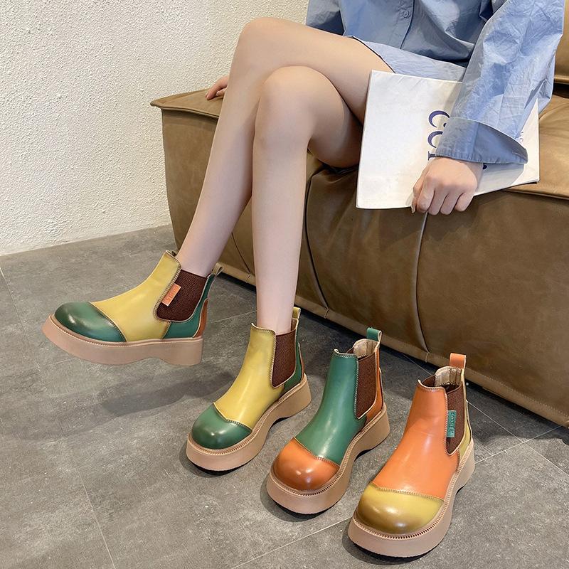 Chelsea Ankle Boots Women Platform Shoes Fashion Mixed Colors Slip-on Round Toe Mid Heel Ankle Boots Goth Designer Party Shoes