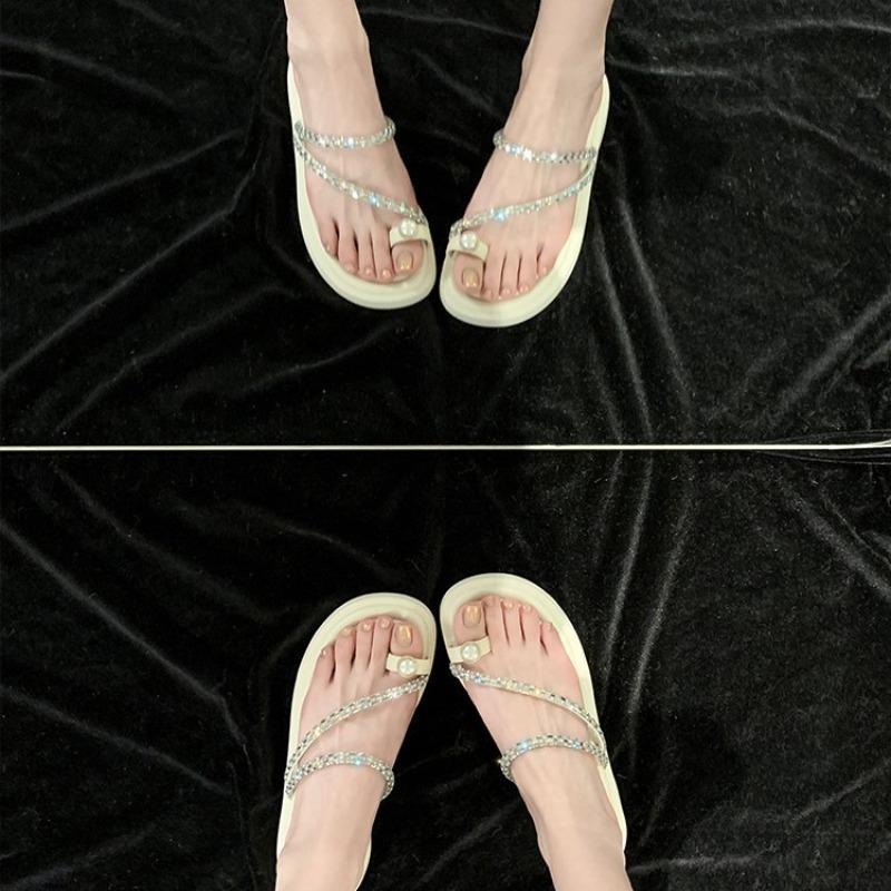 [] Pearl Puffs~ Rhinestone Set Toe Casual Delicate Flat Bottom Sandals Women's Slippers Outer Wear Summer