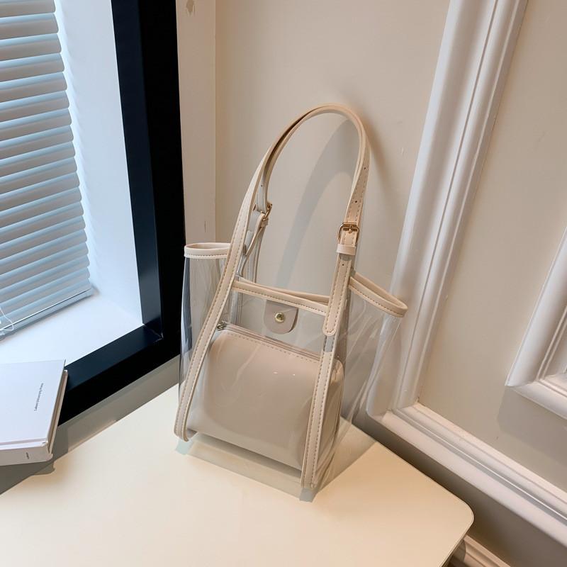 

Trendy Spring Jelly Tote Bag For Women In Black Brown And Cream With Bucket Shape Design OffWhite