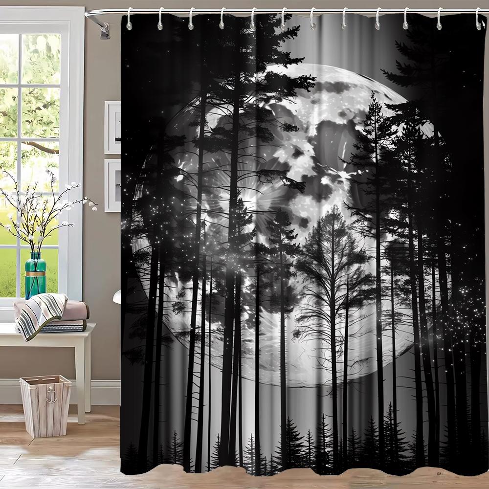 Mysterious Night Misty Forest Shower Curtain, Scenery Bathroom Curtain,Printed Polyester Home Decorative Curtain with Hooks