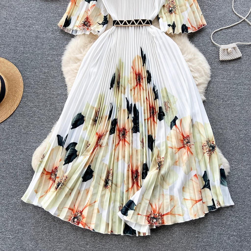 Summer Beach Leopard Print Miyake Oversized Dress Women Clothing Flare Sleeve Belt Big Swing Pleated Loose Long Robe
