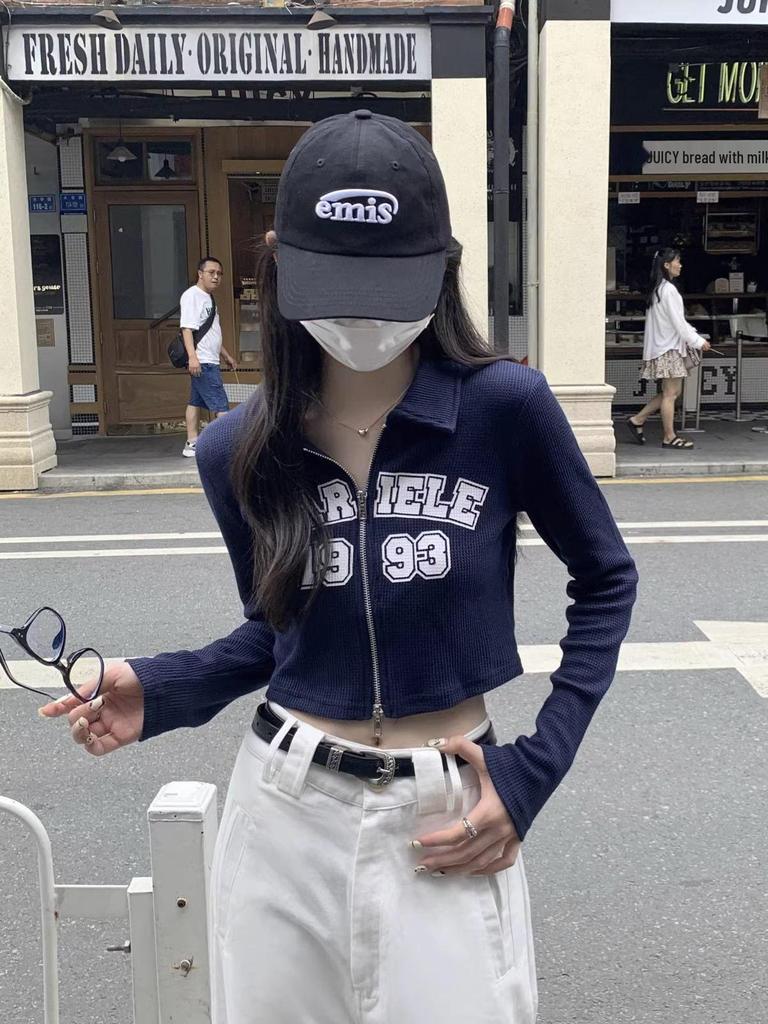 American Retro Hot Girl Double Zipper Cropped Top - Slim Fit Printed T-Shirt for Early Autumn