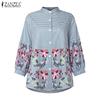 ZANZEA Women Casual Stand Neck Loose Plaid Print 3/4 Sleeve Blouse