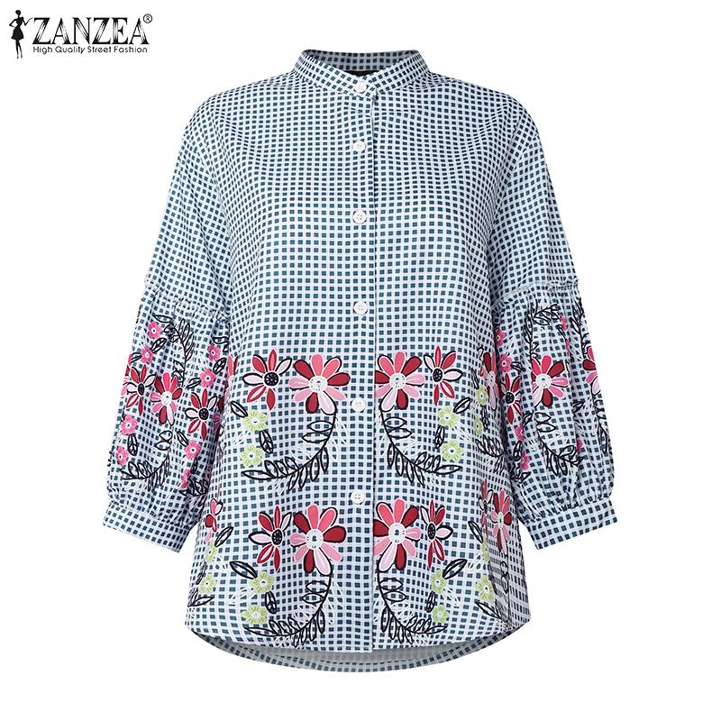 ZANZEA Women Casual Stand Neck Loose Plaid Print 3/4 Sleeve Blouse