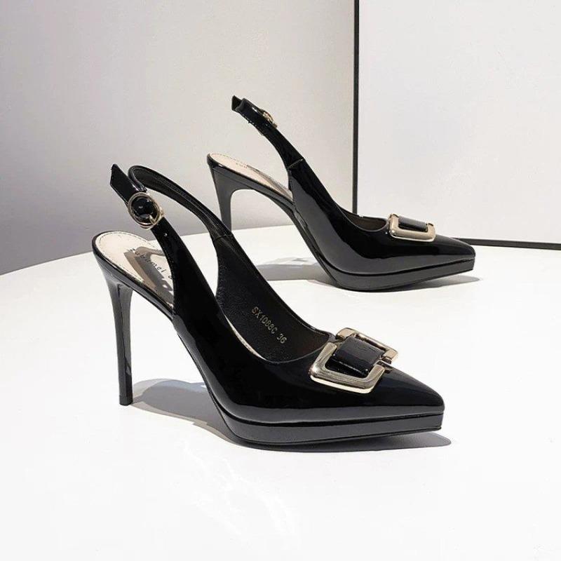 able Temperament, Slim Strap, High-heeled Shoes Women, Pointed Toe, Shallow Mouth, Toe Cover, Back Empty French Sandals 34