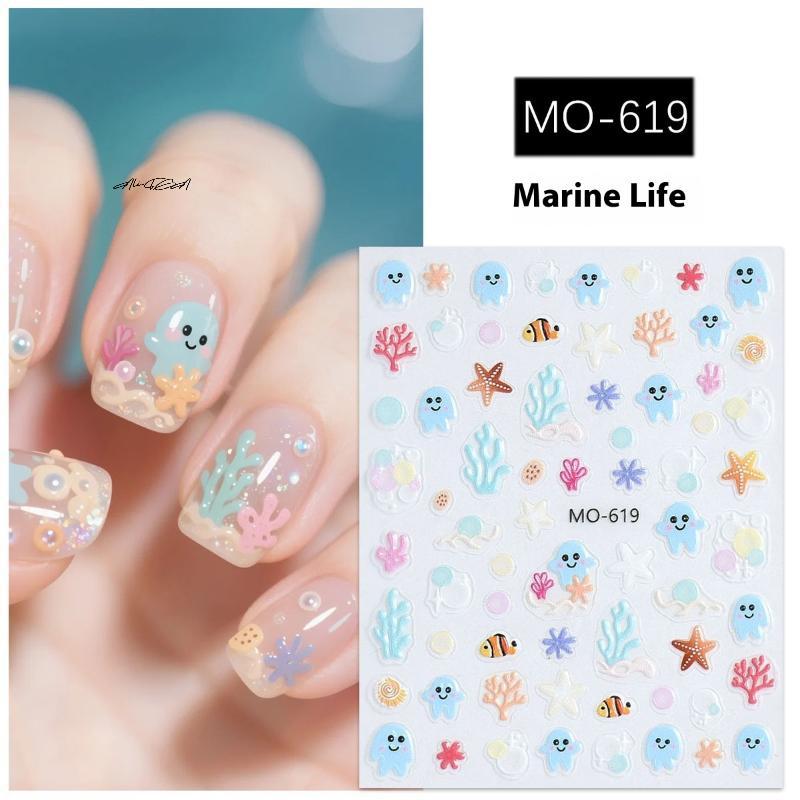 3D Summer Cartoon Nail Stickers Embossed Starfish Octopus Coral Sea Beach Theme Nail Decals for Nail Art Decoration