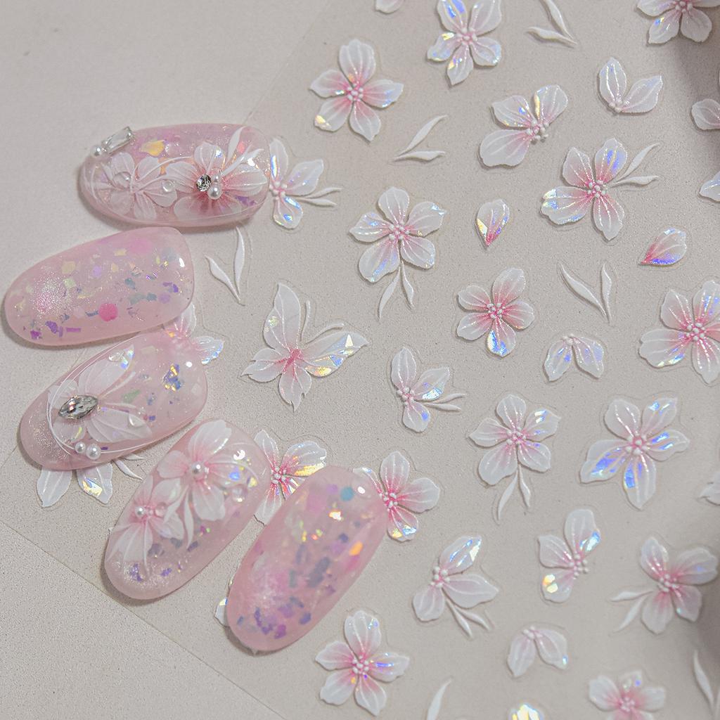 Embossed Flower Pink Butterfly Lucky Peach Blossom Chic Spring Petal 5D Soft Relief Adhesive Nail Art Stickers Manicure Decals