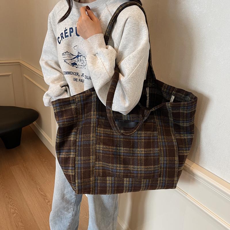 Woolen Plaid Big Bag Women's Portable Tote Bag Commuter Shoulder Bag