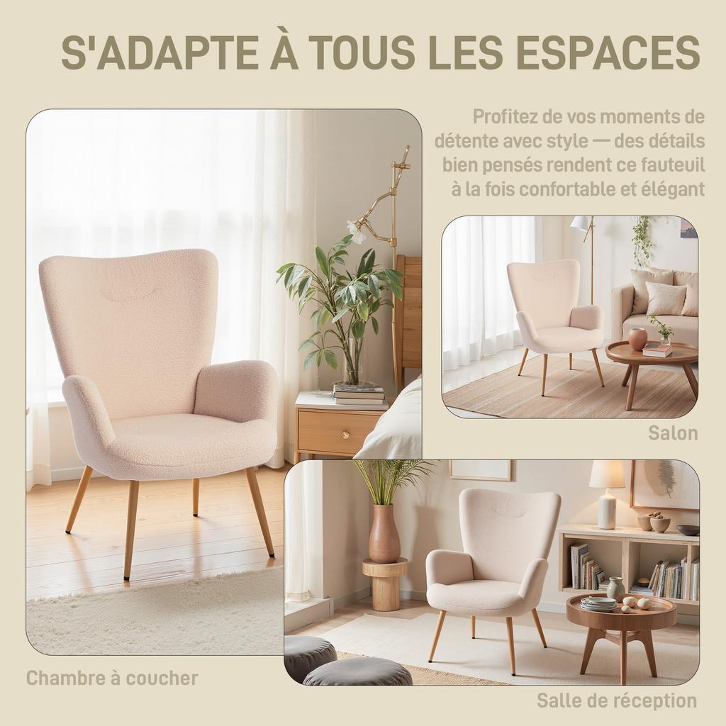 Lounge Chair, Boucle Accent Chair, High Back, Armrests, 71 x 74 x 97.5 cm, Beige