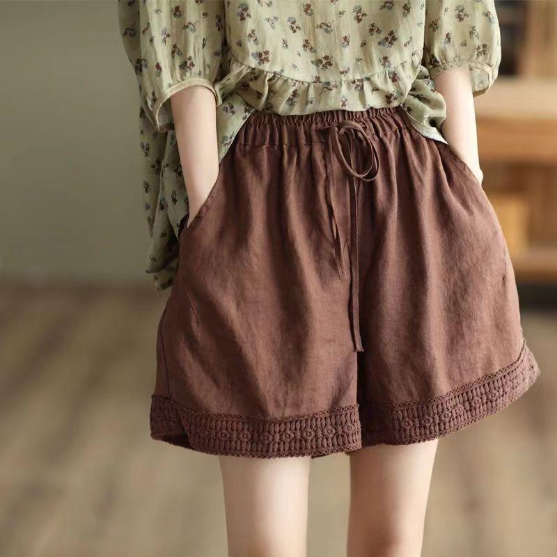 2026 Retro Summer Hollow Crochet Lace Cotton Linen Shorts with Pockets 4XL 78-85kg светло-коричневого