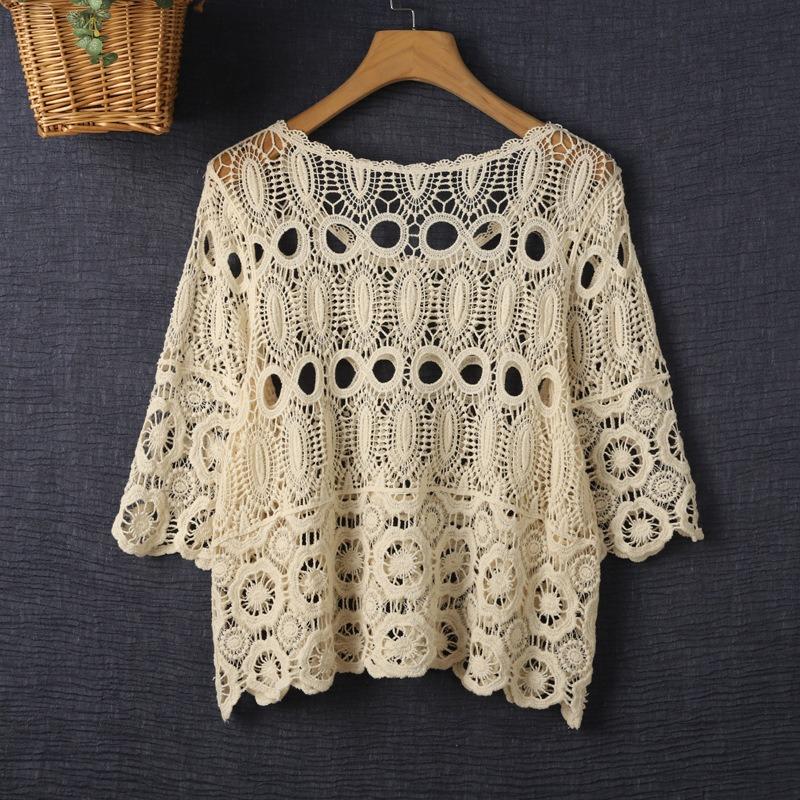 Summer Loose Hollow Blouse, Thin Short-sleeved Sling, Knitted Lace Blouse